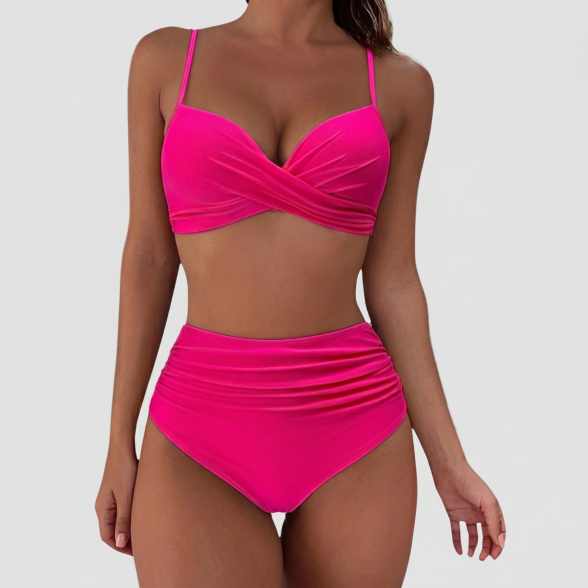 Maya - Women's Summer High-Waisted Ruched Bikini Set - Bikini - Pink - Davies & Cooper