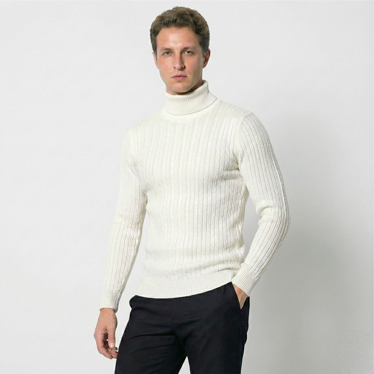 Men's Cable Knit Turtleneck Sweater - Sweaters - White - Davies & Cooper