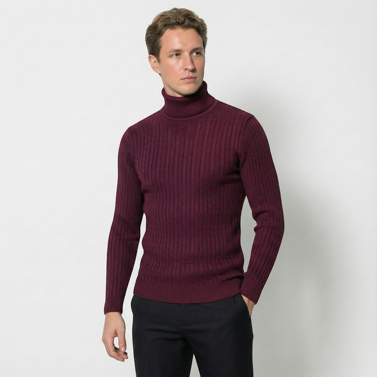 Men's Cable Knit Turtleneck Sweater - Sweaters - Red - Davies & Cooper