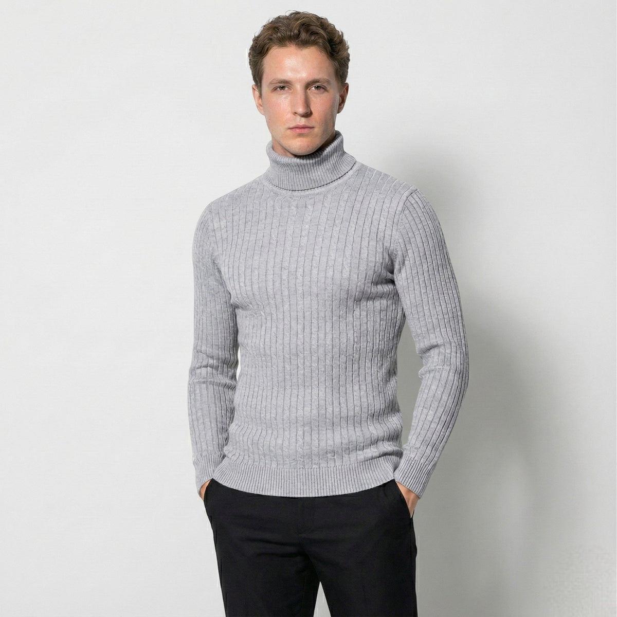 Men's Cable Knit Turtleneck Sweater - Sweaters - Light Grey - Davies & Cooper