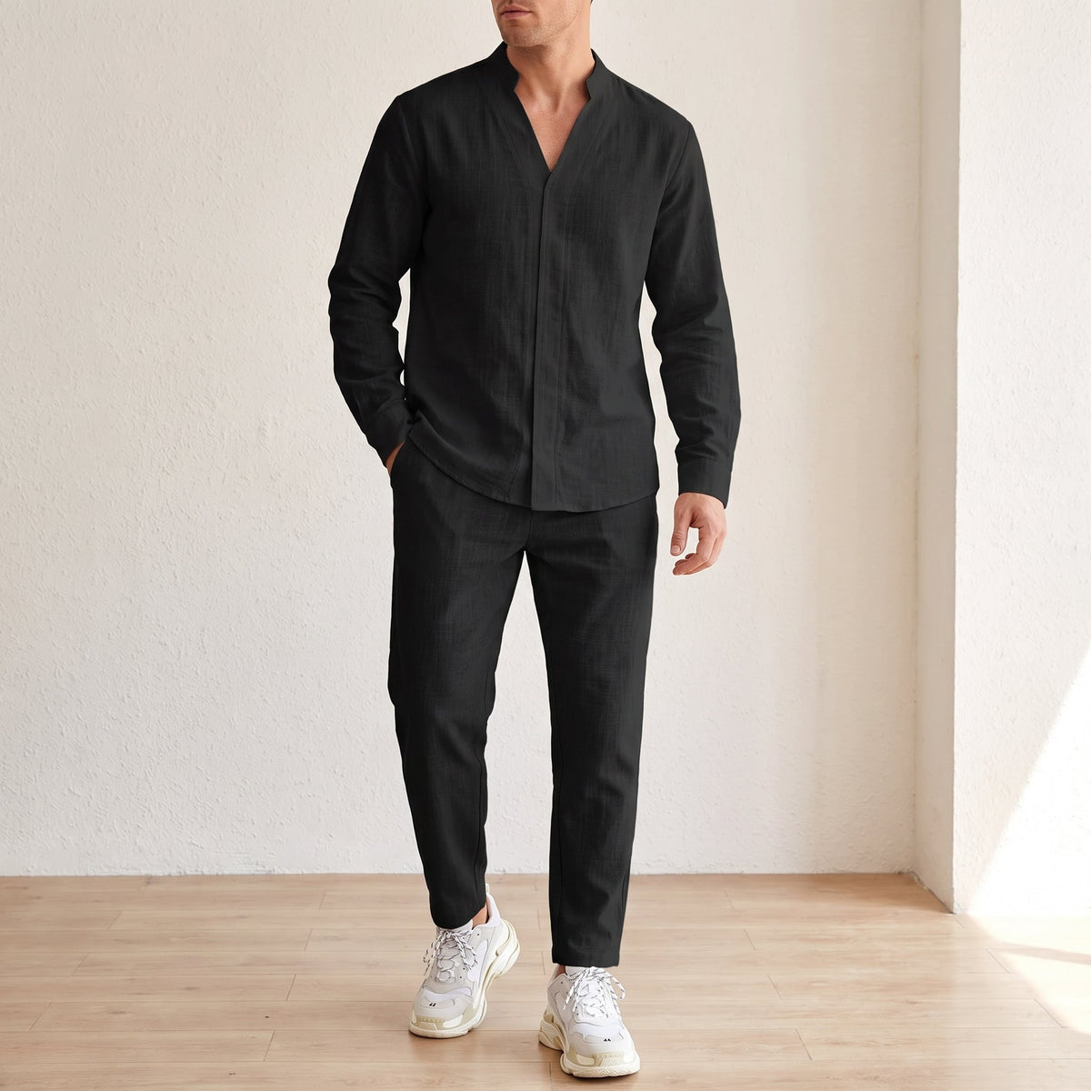 Miles - Men's Summer Open Collar Tapered Trouser Co-ord Set - Outfit Sets - Black - Davies & Cooper