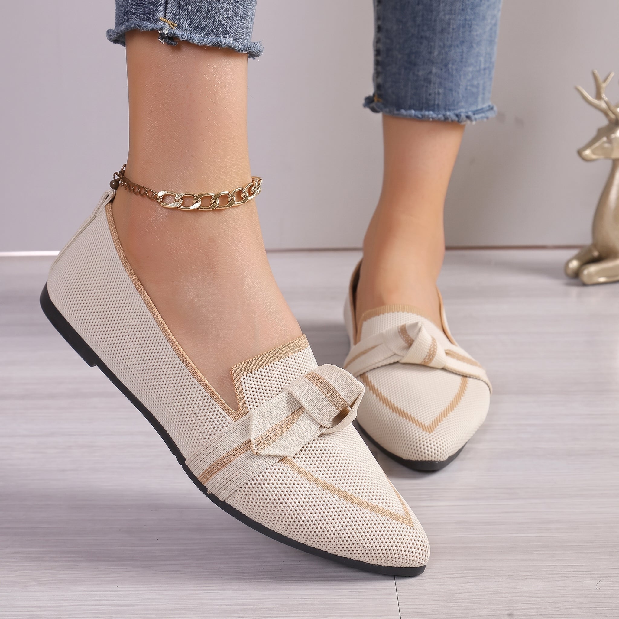 Millie - Women's Pointed Toe Loafers with Bow Detail - Loafer - Beige - Davies & Cooper