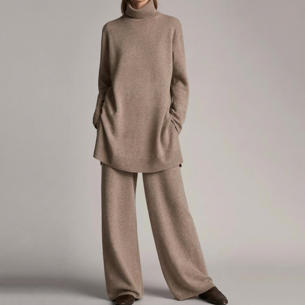 Molly – Women’s Relaxed Fit Turtleneck Knit Set with Wide-Leg Pants - Loungewear Sets - Khaki - Davies & Cooper