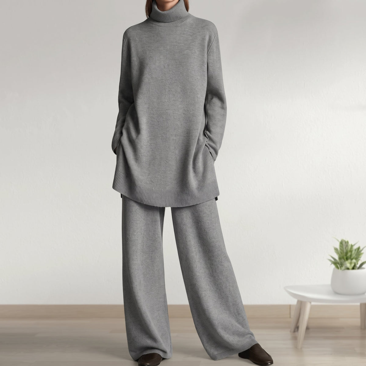 Molly – Women’s Relaxed Fit Turtleneck Knit Set with Wide-Leg Pants - Loungewear Sets - Grey - Davies & Cooper