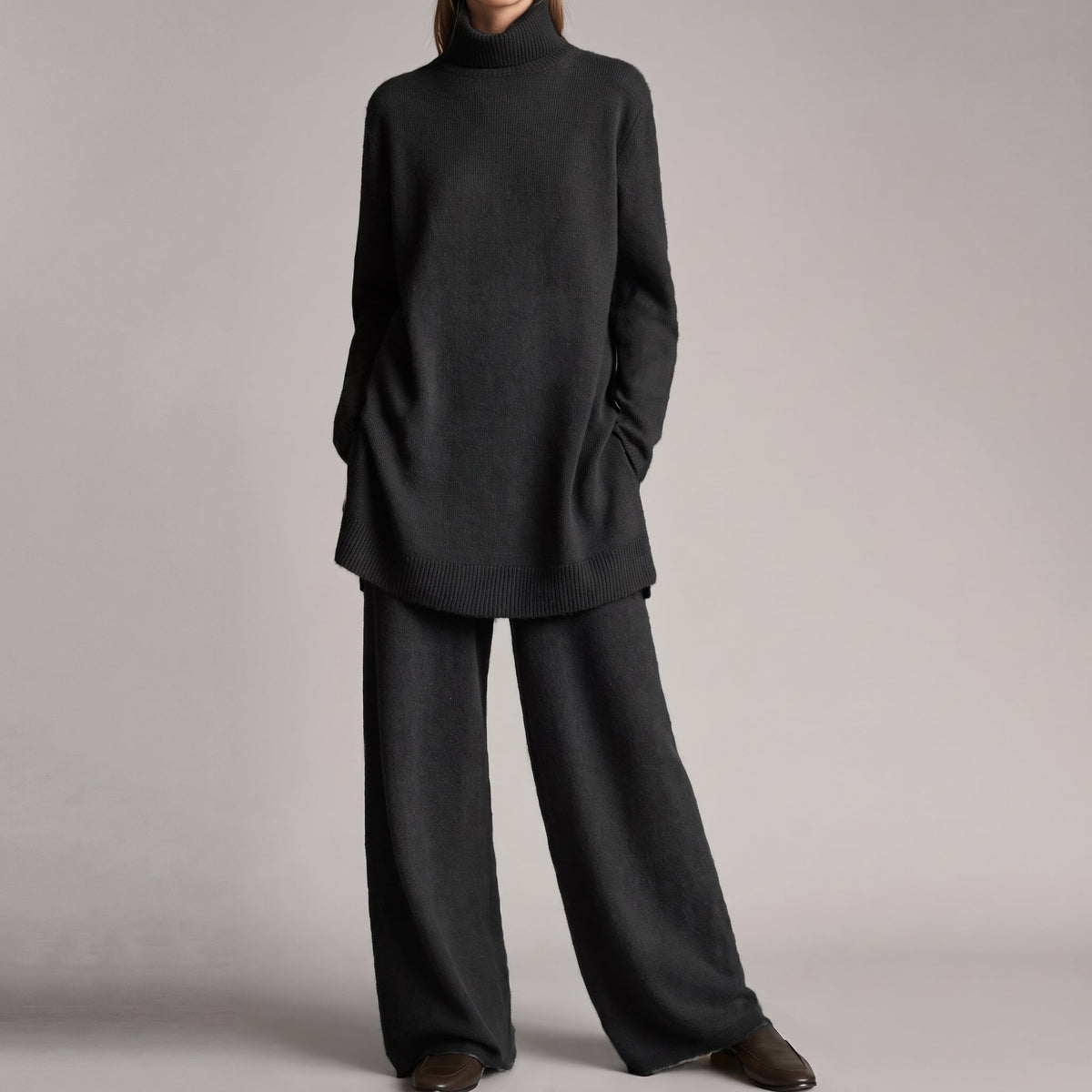 Molly – Women’s Relaxed Fit Turtleneck Knit Set with Wide-Leg Pants - Loungewear Sets - Black - Davies & Cooper