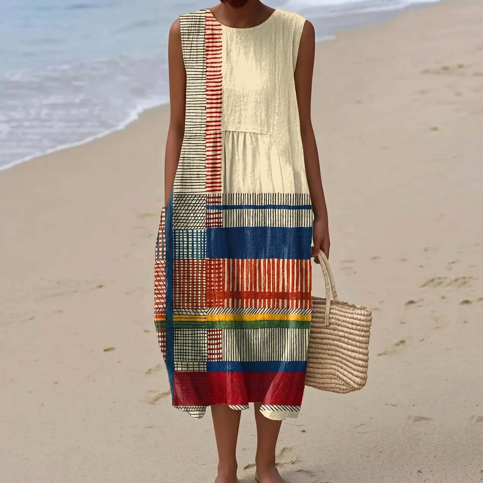 Nadia - Women's Summer Colour Block Midi Dress - Dresses - Beige - Davies & Cooper
