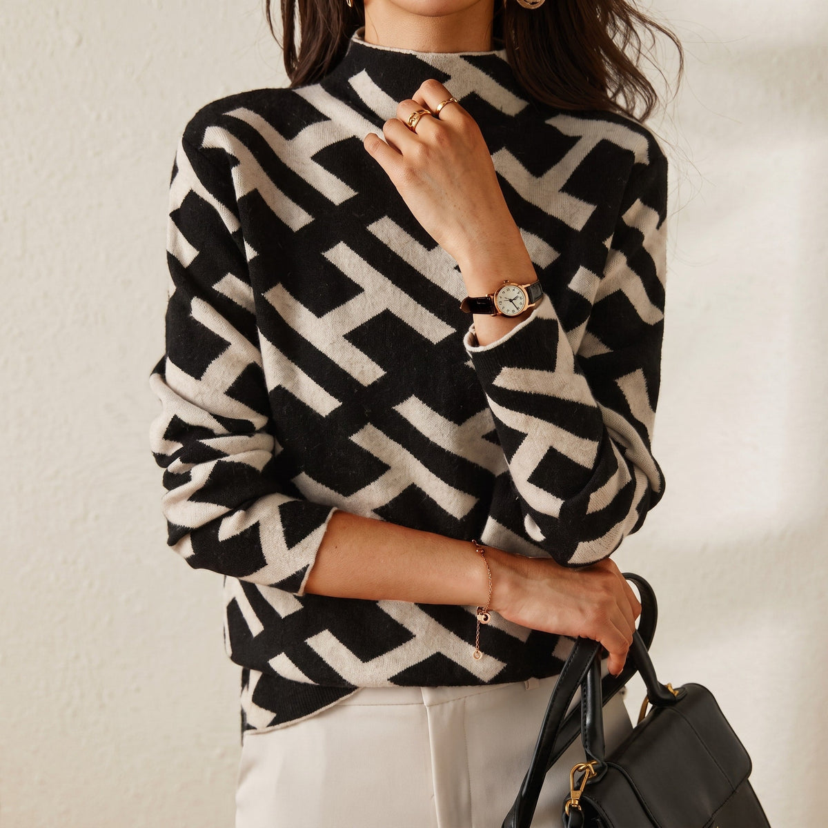 Nina - Women's Long Sleeve Geometric Print Mock Neck Jumper - Sweaters - Black - Davies & Cooper