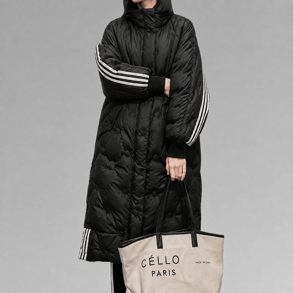 Niya - Women's Longline Hooded Puffer Coat with Striped Cuffs - Puffer Jackets - Black - Davies & Cooper