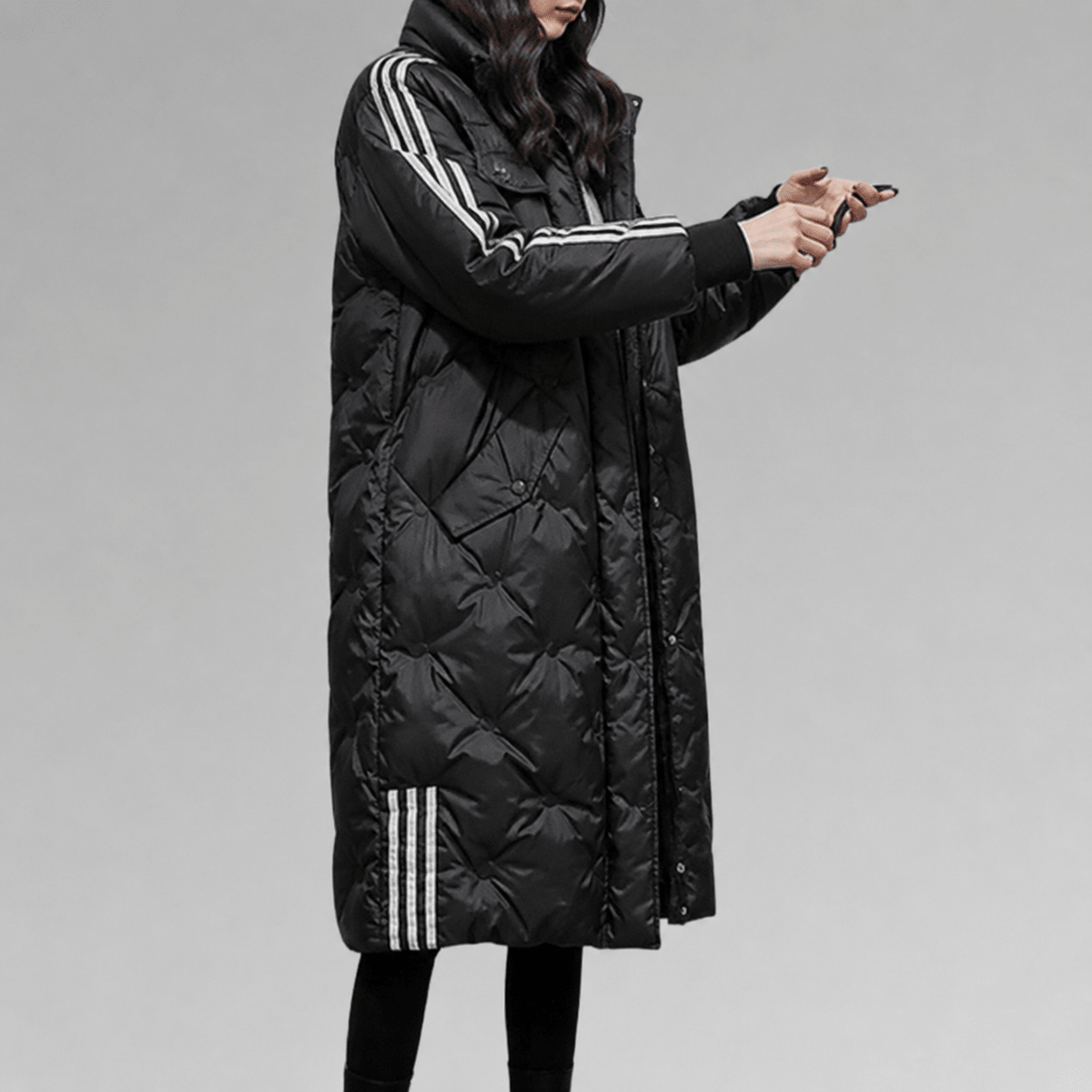 Niya - Women's Longline Hooded Puffer Coat with Striped Cuffs - Puffer Jackets - Black - Davies & Cooper