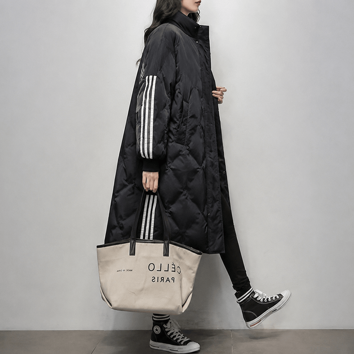 Niya - Women's Longline Hooded Puffer Coat with Striped Cuffs - Puffer Jackets - Black - Davies & Cooper