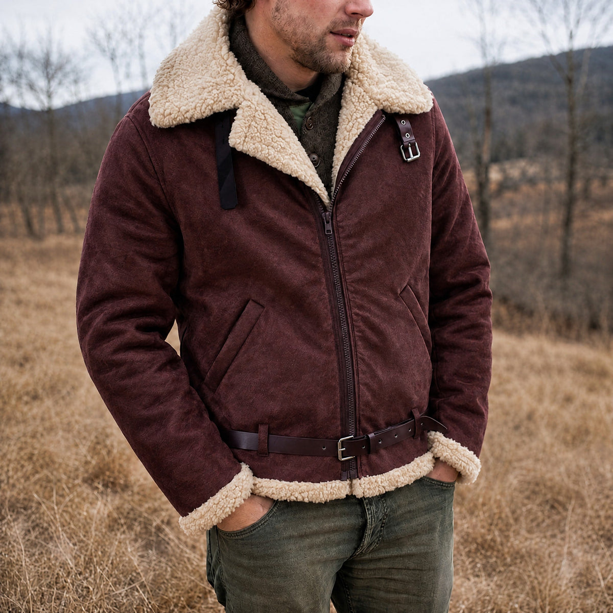 Oliver - Men's Aviator Jacket with Fur Collar and Belt Strap - Bomber Jackets - Brown - Davies & Cooper