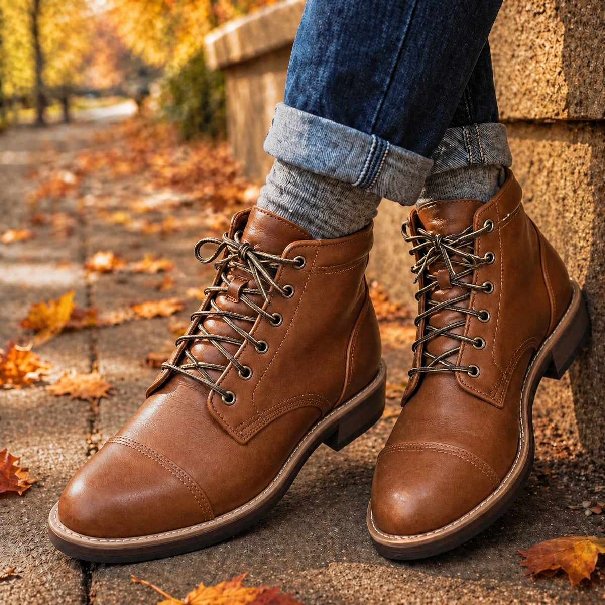 Oliver - Men's Cap Toe Lace-Up Ankle Boots with Stitch Detail - Boots - Brown - Davies & Cooper