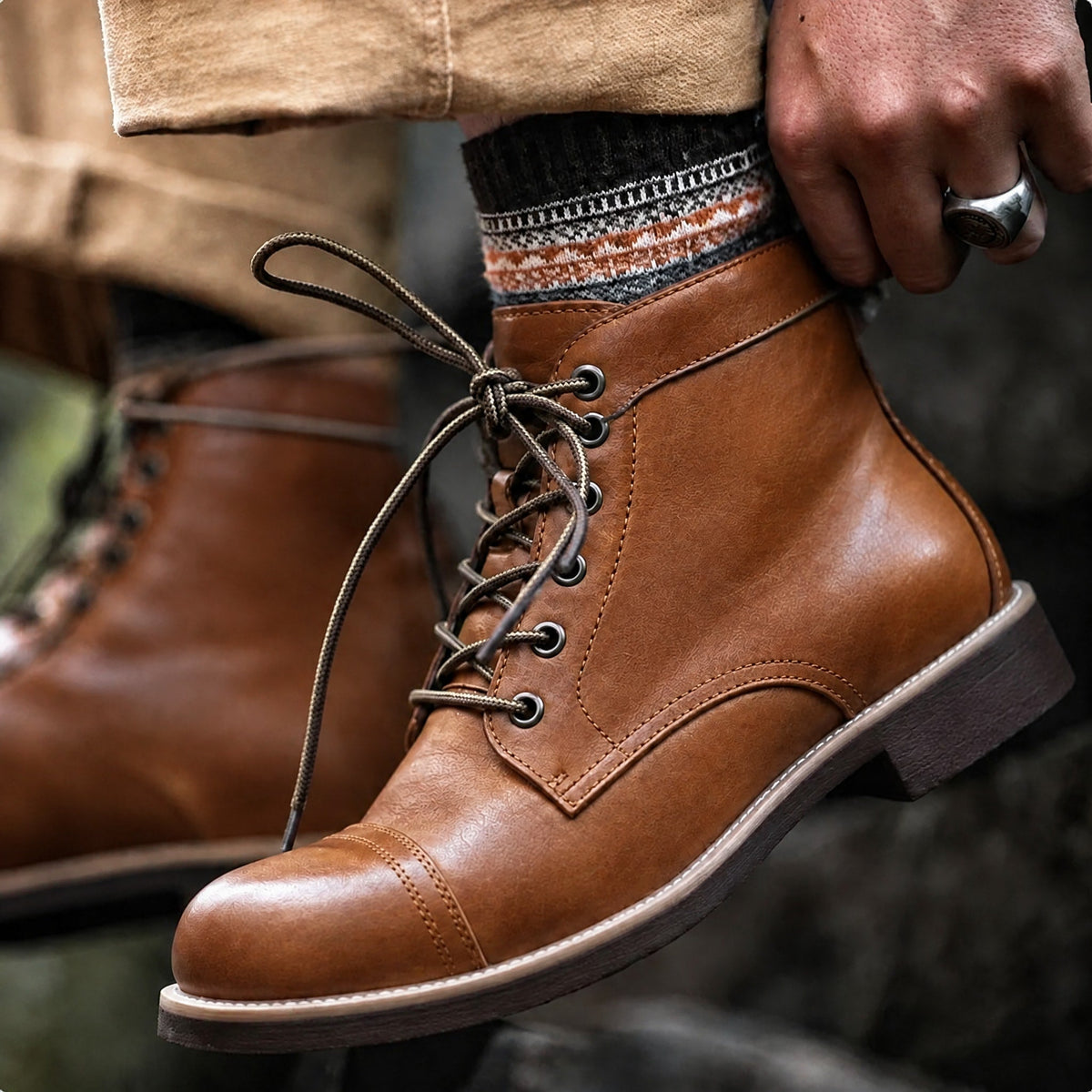 Oliver - Men's Cap Toe Lace-Up Ankle Boots with Stitch Detail - Boots - Brown - Davies & Cooper
