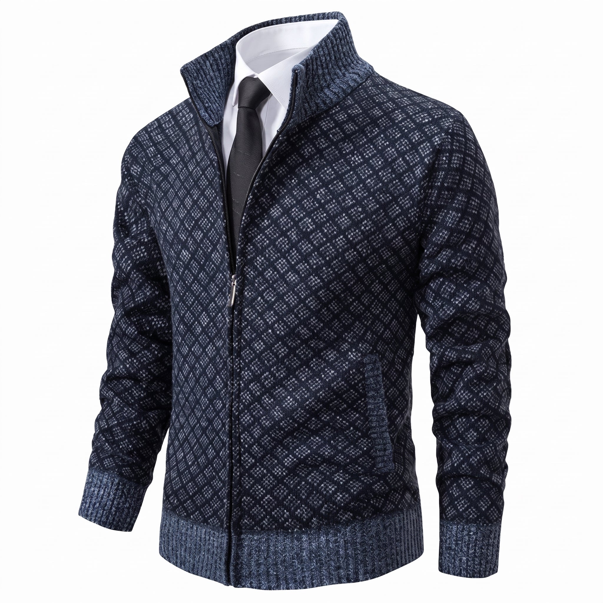 Oliver - Men's Diamond Knit Zip-Up Cardigan Jacket - Cardigans - Blue - Davies & Cooper