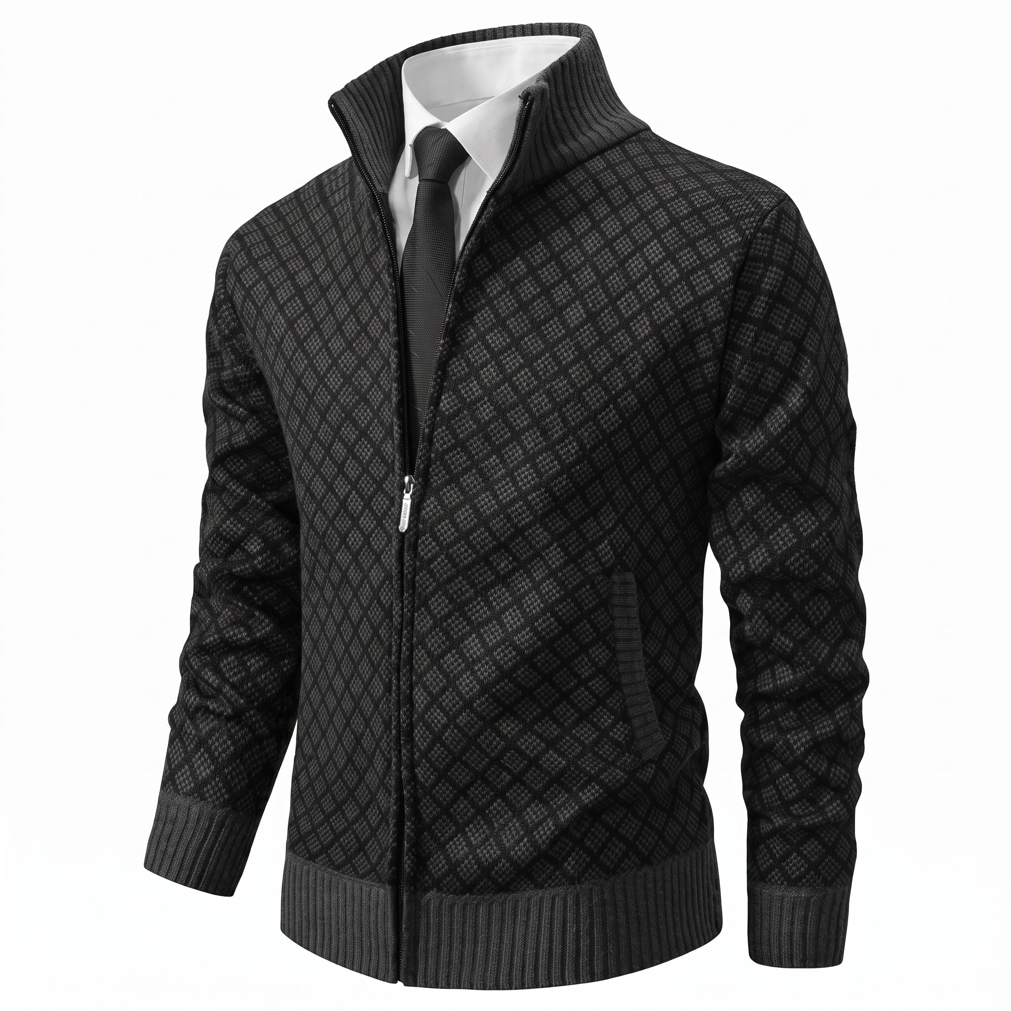Oliver - Men's Diamond Knit Zip-Up Cardigan Jacket - Cardigans - Black - Davies & Cooper