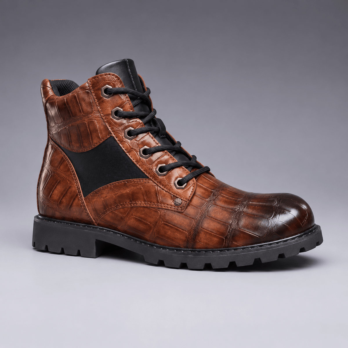 Oliver - Men's Embossed Lace-Up Ankle Boots with Croc Texture - Boots - Brown - Davies & Cooper