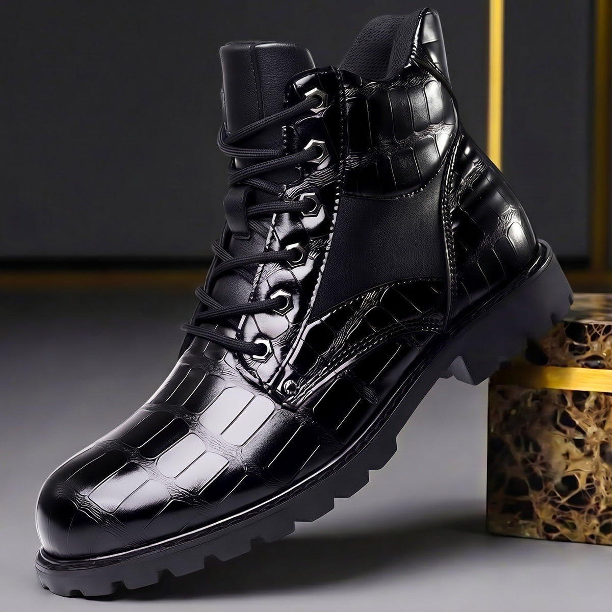 Oliver - Men's Embossed Lace-Up Ankle Boots with Croc Texture - Boots - Black - Davies & Cooper