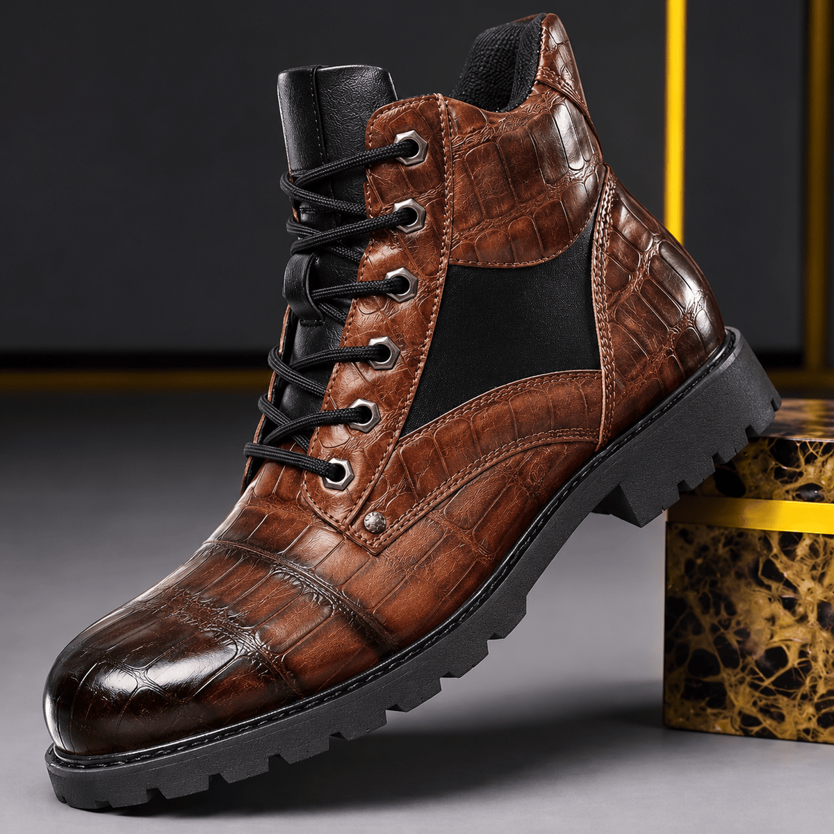 Oliver - Men's Embossed Lace-Up Ankle Boots with Croc Texture - Boots - Brown - Davies & Cooper