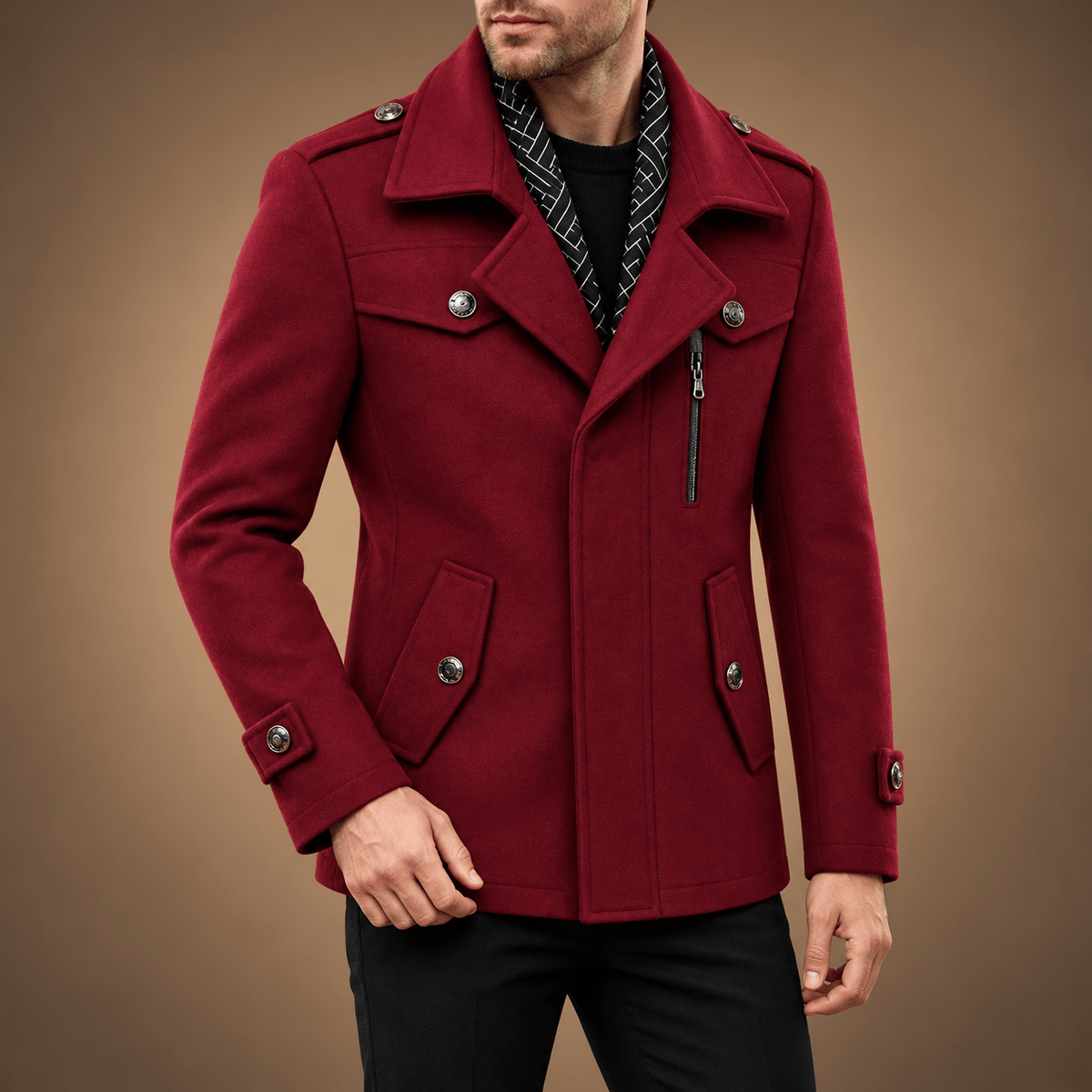 Oliver - Men's Field-Style Overcoat with Epaulette Straps and Zip Chest Pocket - Overcoats - Red - Davies & Cooper
