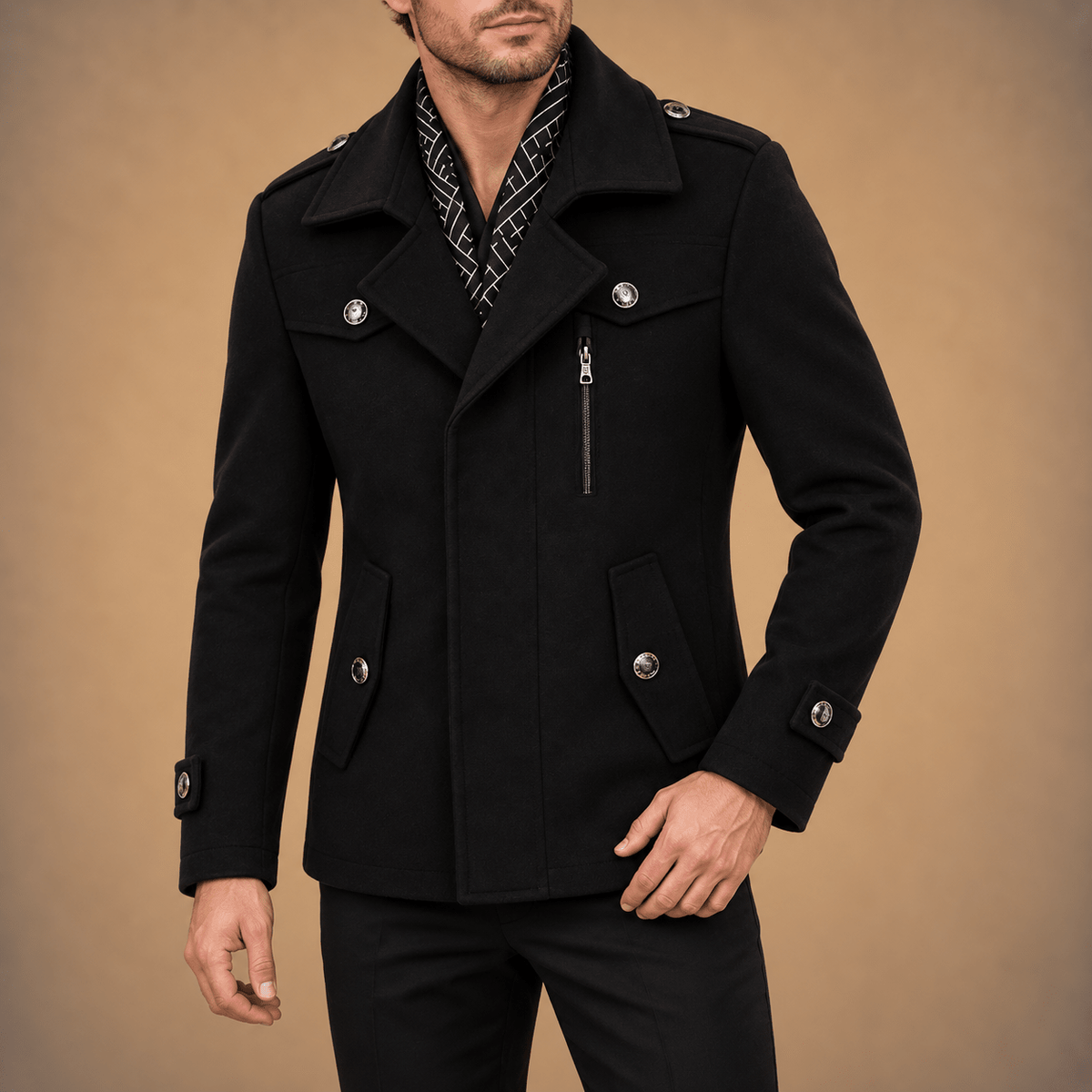 Oliver - Men's Field-Style Overcoat with Epaulette Straps and Zip Chest Pocket - Overcoats - Black - Davies & Cooper