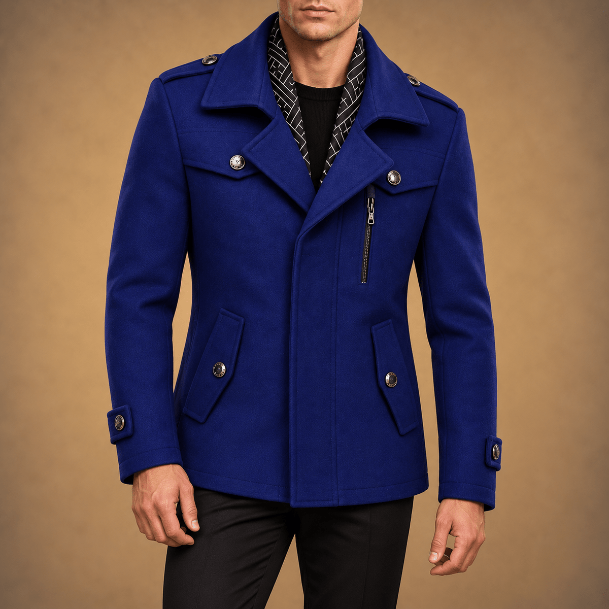 Oliver - Men's Field-Style Overcoat with Epaulette Straps and Zip Chest Pocket - Overcoats - Blue - Davies & Cooper