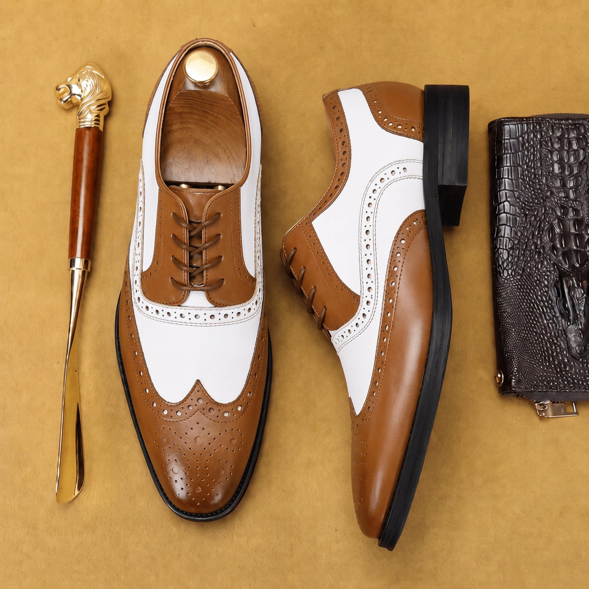 Oliver - Men's Formal Wingtip Brogue Wedding Derby Shoes - Shoes - Camel - Davies & Cooper
