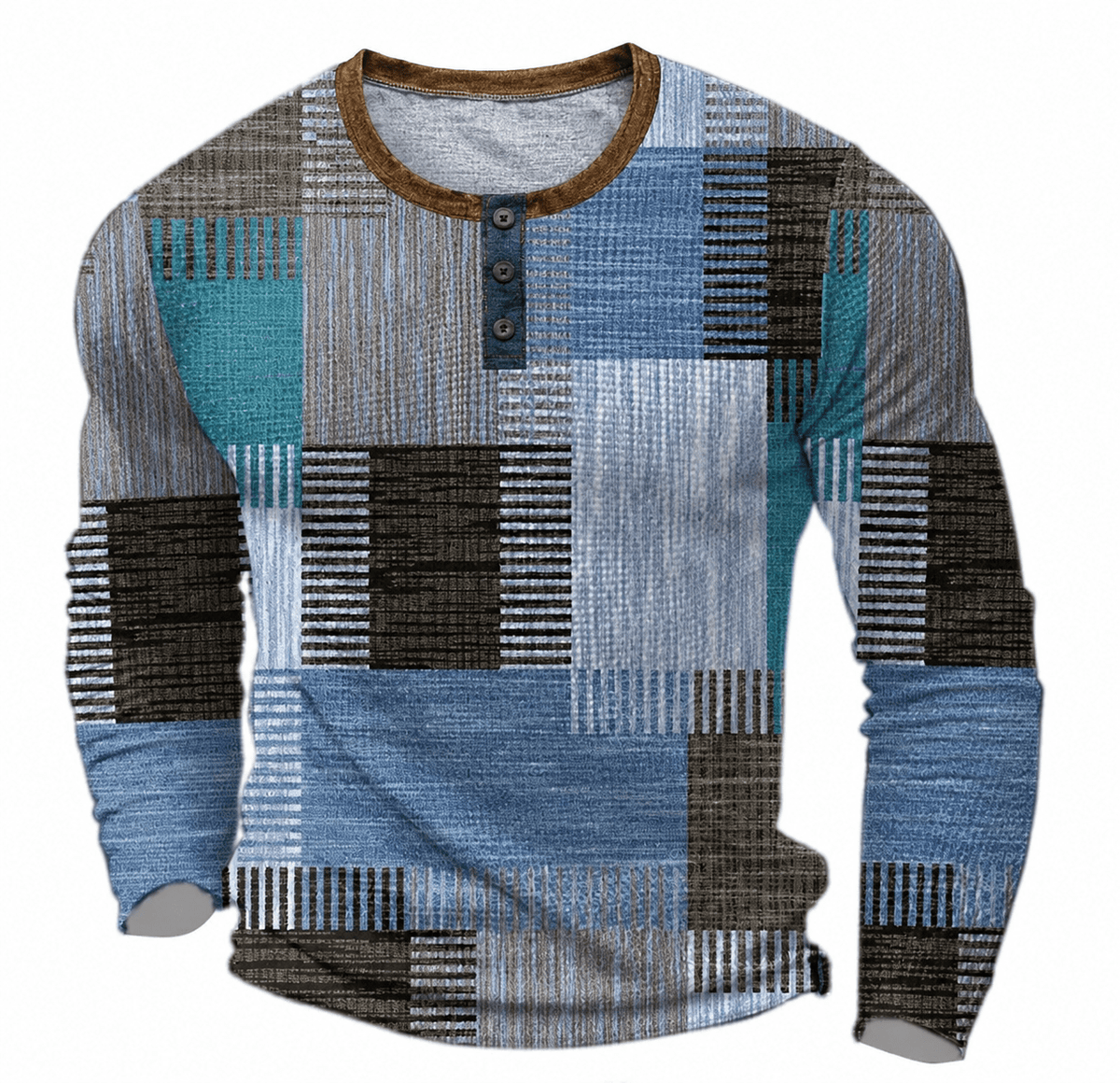 Oliver - Men's Henley Patchwork T-Shirt with Button Placket and Long Sleeves - Henley Shirts - Blue - Davies & Cooper
