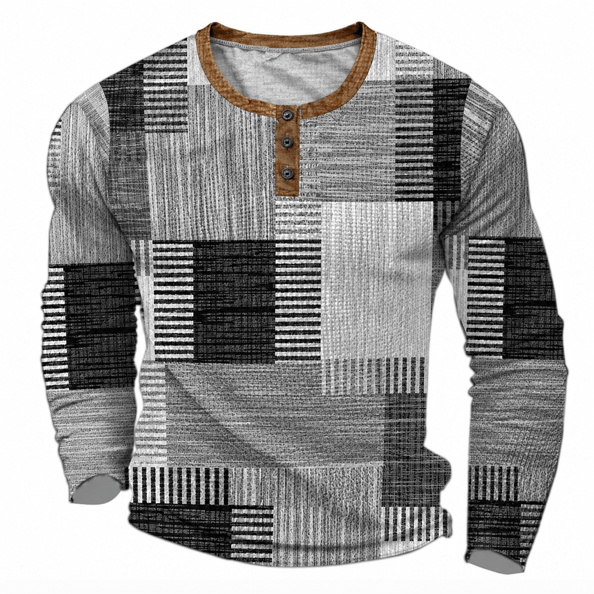 Oliver - Men's Henley Patchwork T-Shirt with Button Placket and Long Sleeves - Henley Shirts - Grey - Davies & Cooper