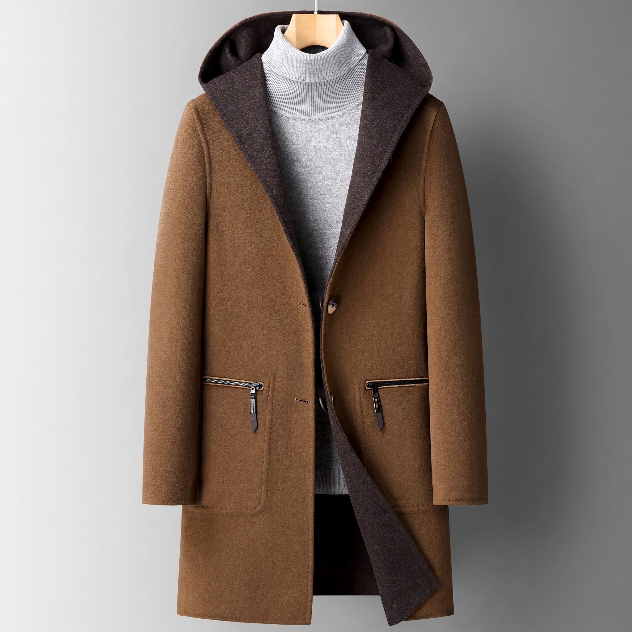 Oliver - Men's Hooded Longline Overcoat with Contrast Lining - Overcoats - Brown - Davies & Cooper
