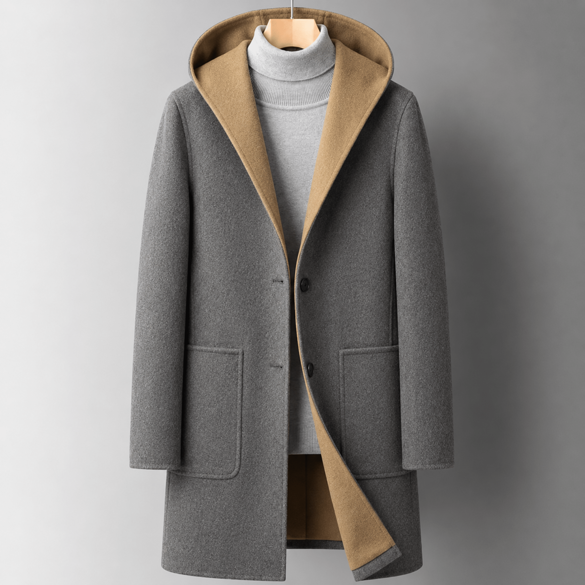 Oliver - Men's Hooded Longline Overcoat with Contrast Lining - Overcoats - Grey - Davies & Cooper