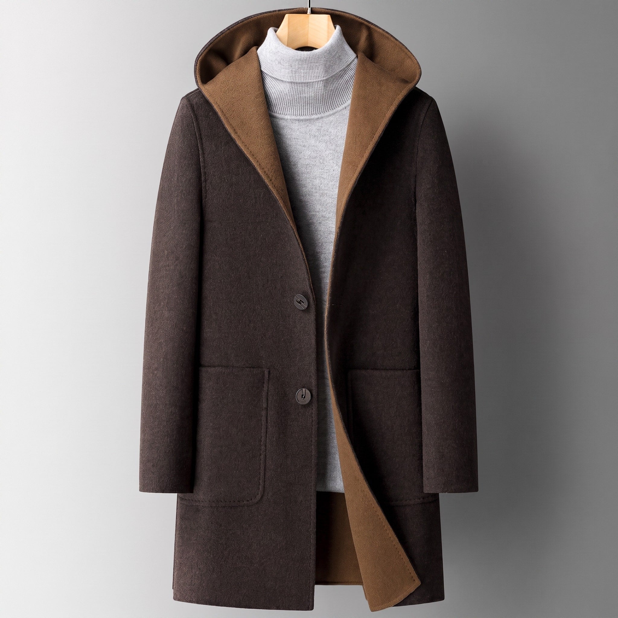 Oliver - Men's Hooded Longline Overcoat with Contrast Lining - Overcoats - Dark Brown - Davies & Cooper
