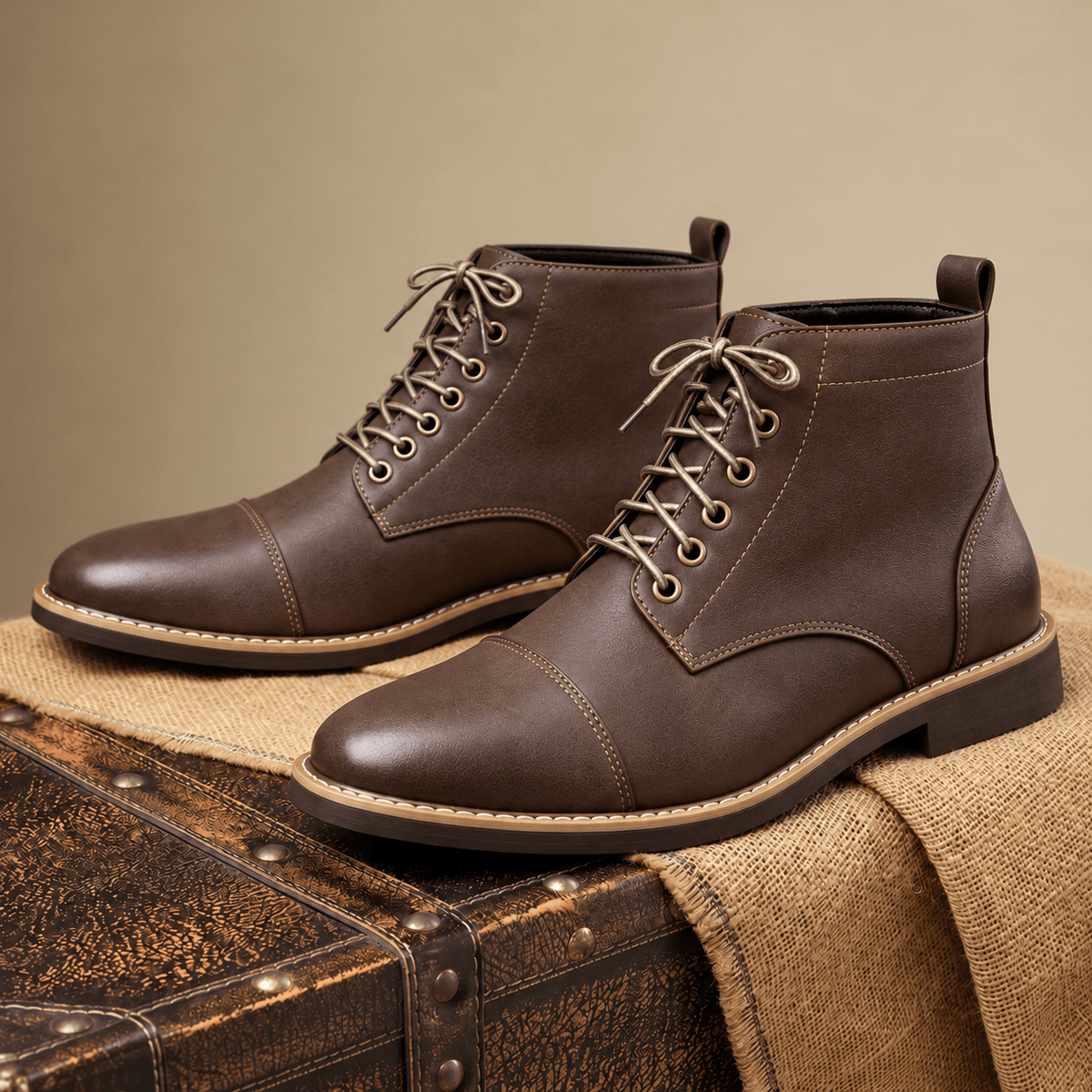 Oliver - Men's Lace-Up Ankle Boots with Cap Toe - Boots - Dark Brown - Davies & Cooper