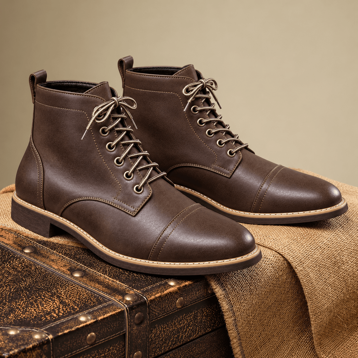 Oliver - Men's Lace-Up Ankle Boots with Cap Toe - Boots - Dark Brown - Davies & Cooper