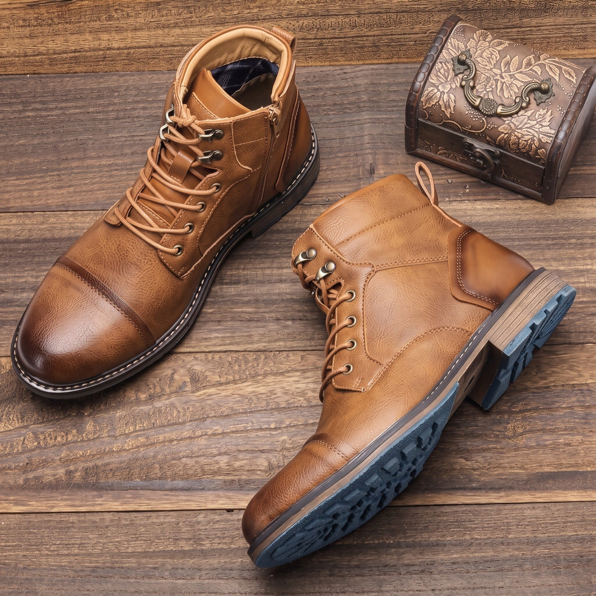 Oliver - Men's Lace-Up Ankle Boots with Side Zip - Boots - Light Brown - Davies & Cooper