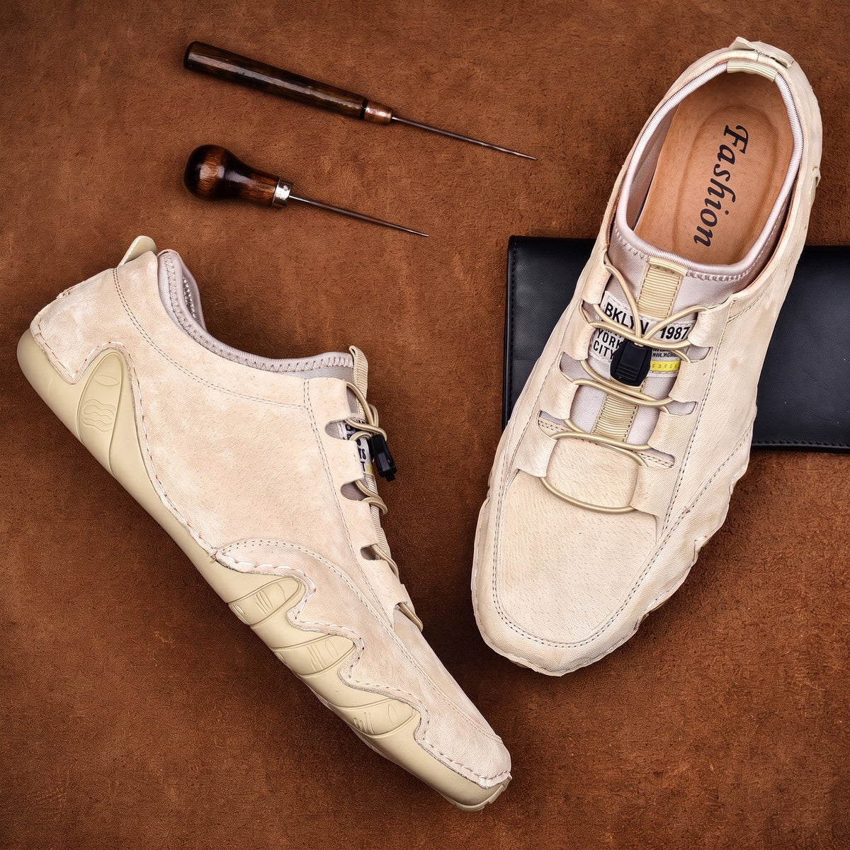 Oliver - Men's Lace-Up Moccasin Trainers with Elastic Gusset - Flats - Beige - Davies & Cooper