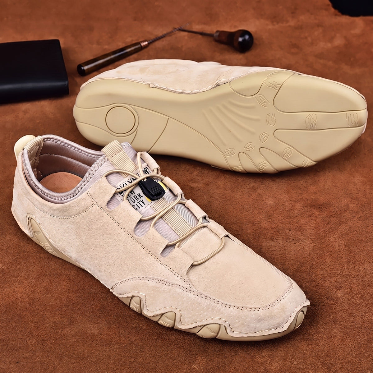 Oliver - Men's Lace-Up Moccasin Trainers with Elastic Gusset - Flats - Beige - Davies & Cooper