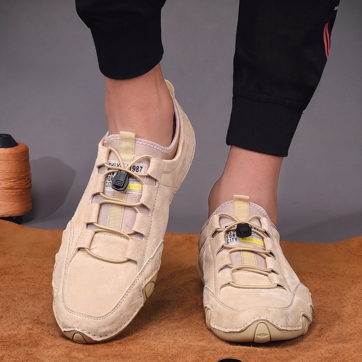 Oliver - Men's Lace-Up Moccasin Trainers with Elastic Gusset - Flats - Beige - Davies & Cooper