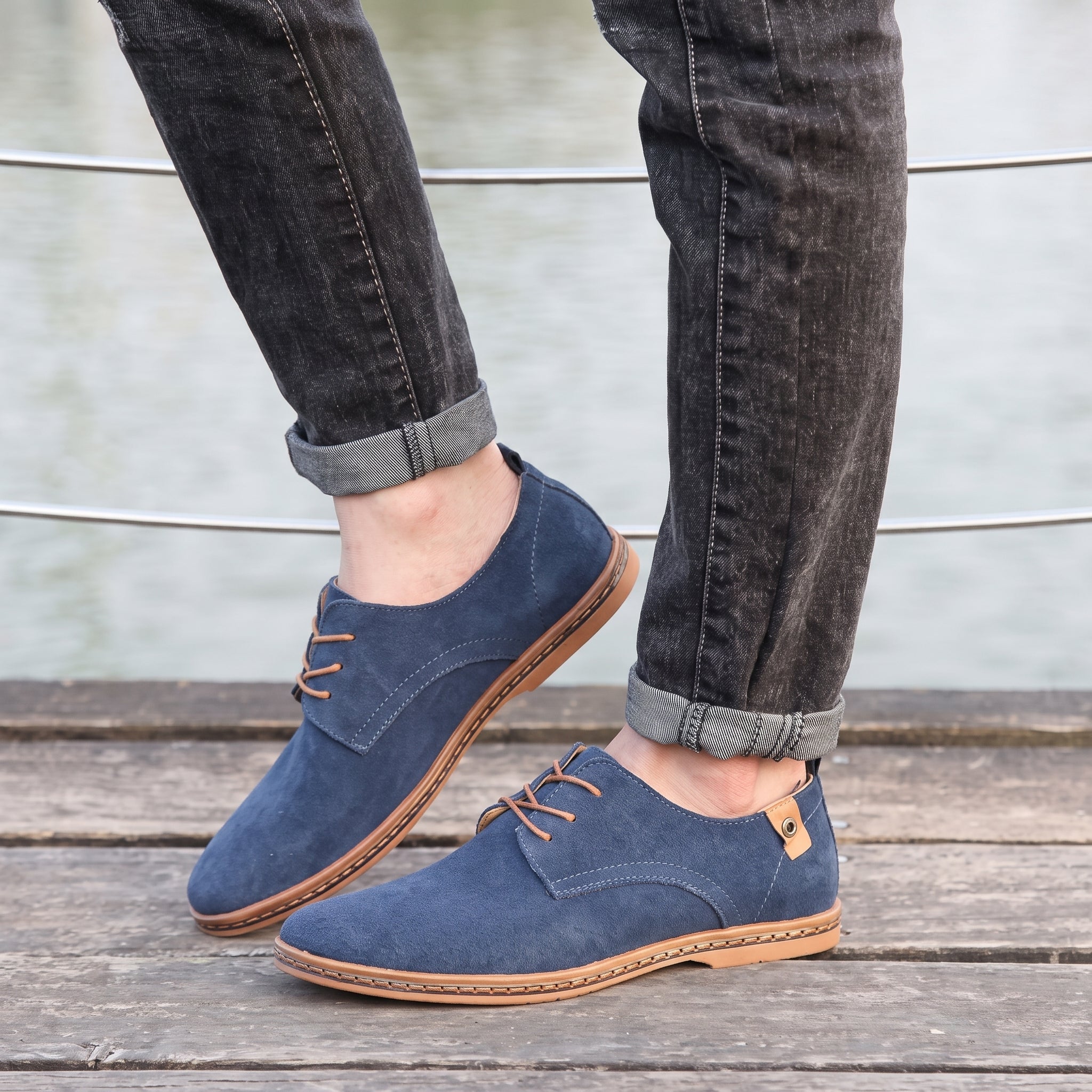 Oliver - Men's Lace-Up Suede-Look Derby Shoes with Contrast Sole - Shoes - Blue - Davies & Cooper