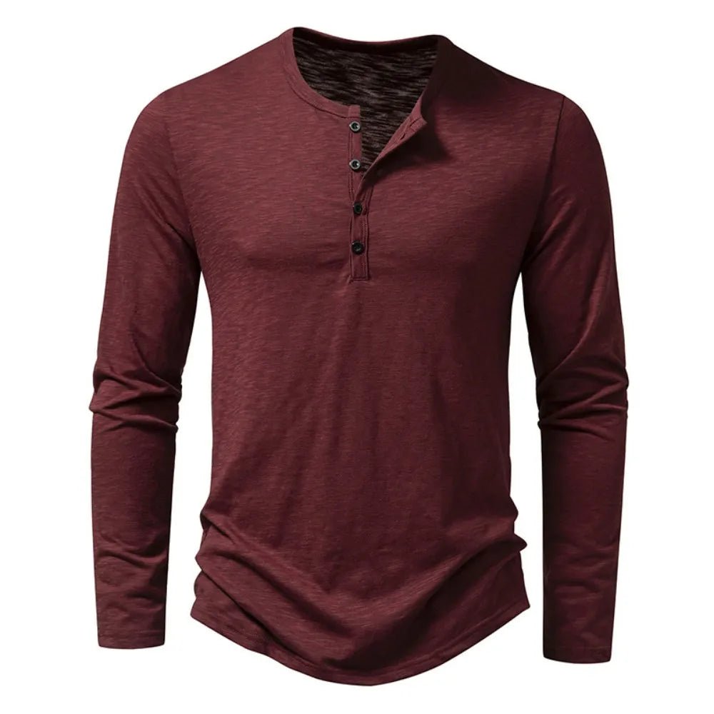 Oliver - Men's Long Sleeve Button-Neck Henley Shirt - Henley Shirts - Burgundy - Davies & Cooper