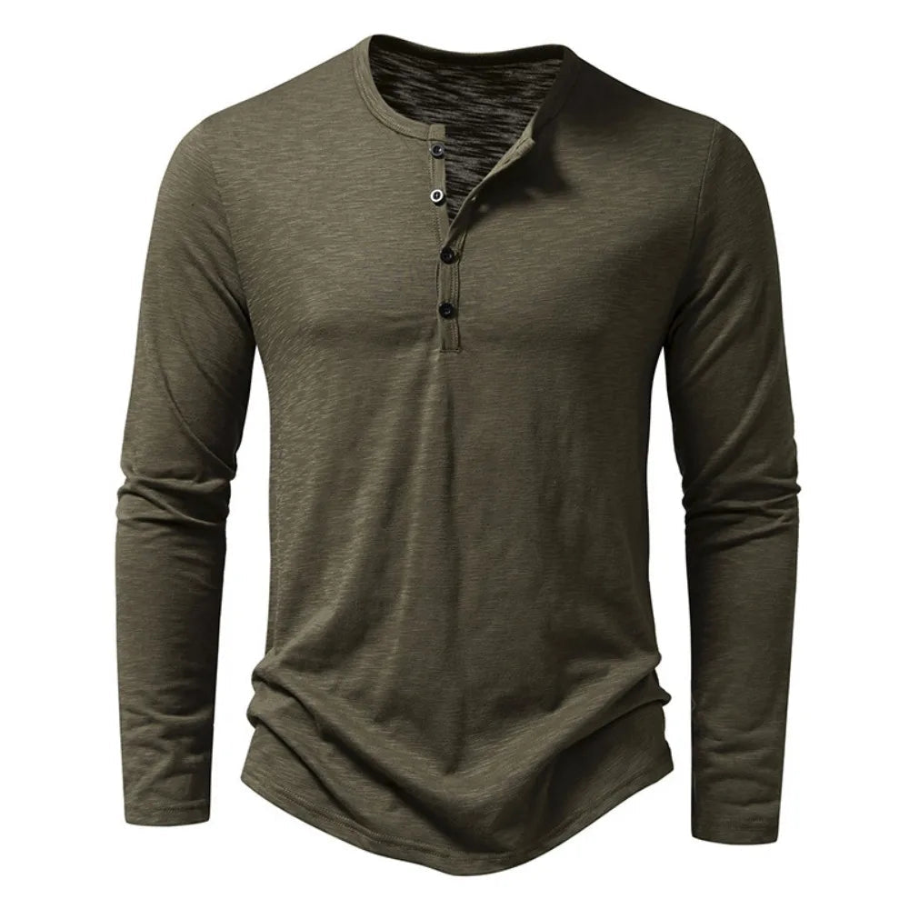 Oliver - Men's Long Sleeve Button-Neck Henley Shirt - Henley Shirts - Beige - Davies & Cooper