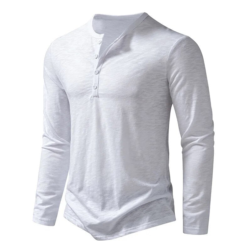 Oliver - Men's Long Sleeve Button-Neck Henley Shirt - Henley Shirts - White - Davies & Cooper