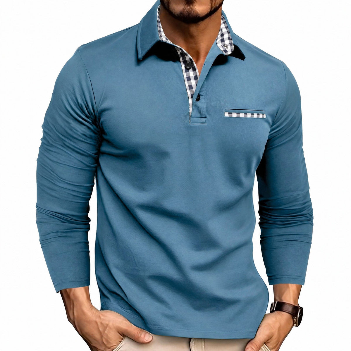 Oliver - Men's Long Sleeve Polo Shirt with Contrast Trim - Polos - Light Blue - Davies & Cooper