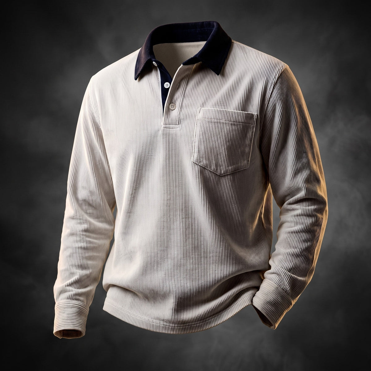 Oliver - Men's Long Sleeve Ribbed Polo Shirt with Chest Pocket and Contrast Collar - Polos - White - Davies & Cooper