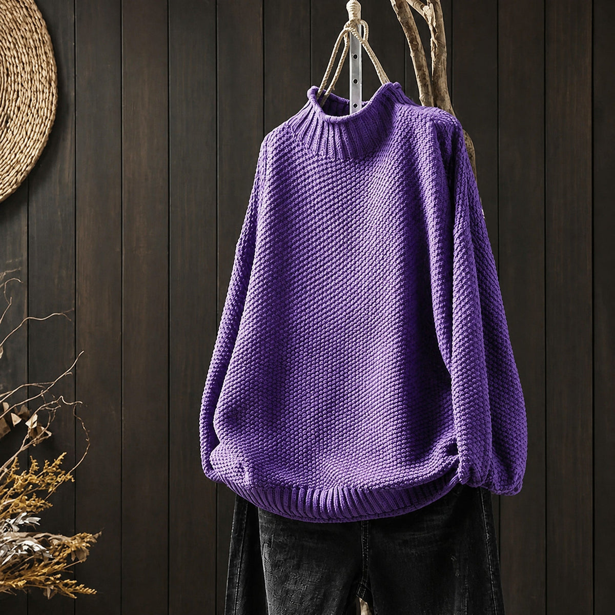 Oliver - Men's Oversized Chunky Knit Turtleneck Jumper with Ribbed Trim - Sweaters - Purple - Davies & Cooper