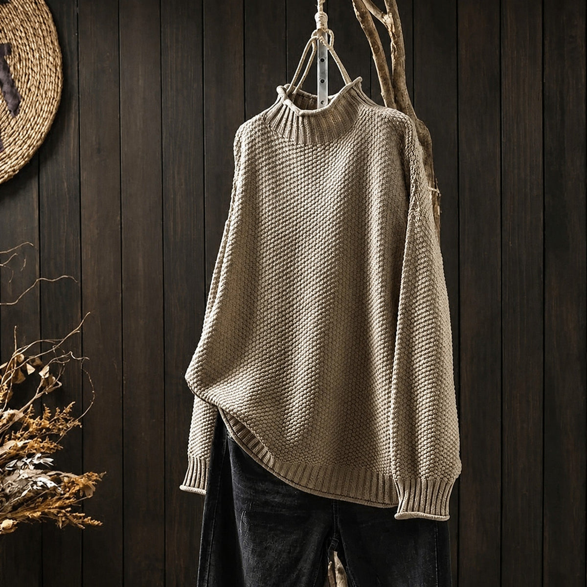 Oliver - Men's Oversized Chunky Knit Turtleneck Jumper with Ribbed Trim - Sweaters - Khaki - Davies & Cooper