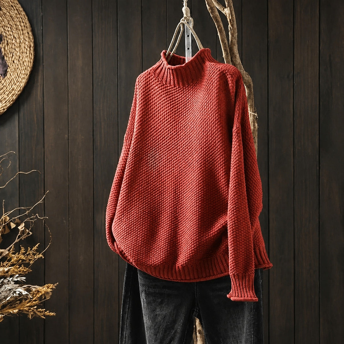 Oliver - Men's Oversized Chunky Knit Turtleneck Jumper with Ribbed Trim - Sweaters - Red - Davies & Cooper