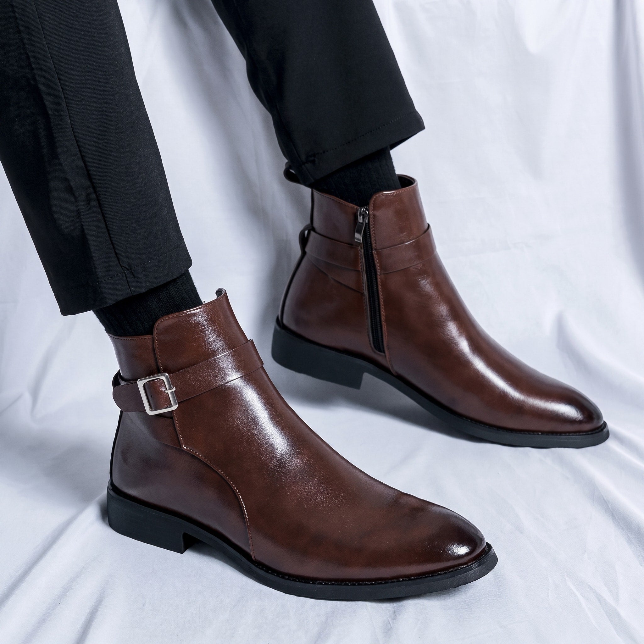 Oliver - Men's Pointed Toe Ankle Boots with Buckle Strap - Brown - Davies & Cooper