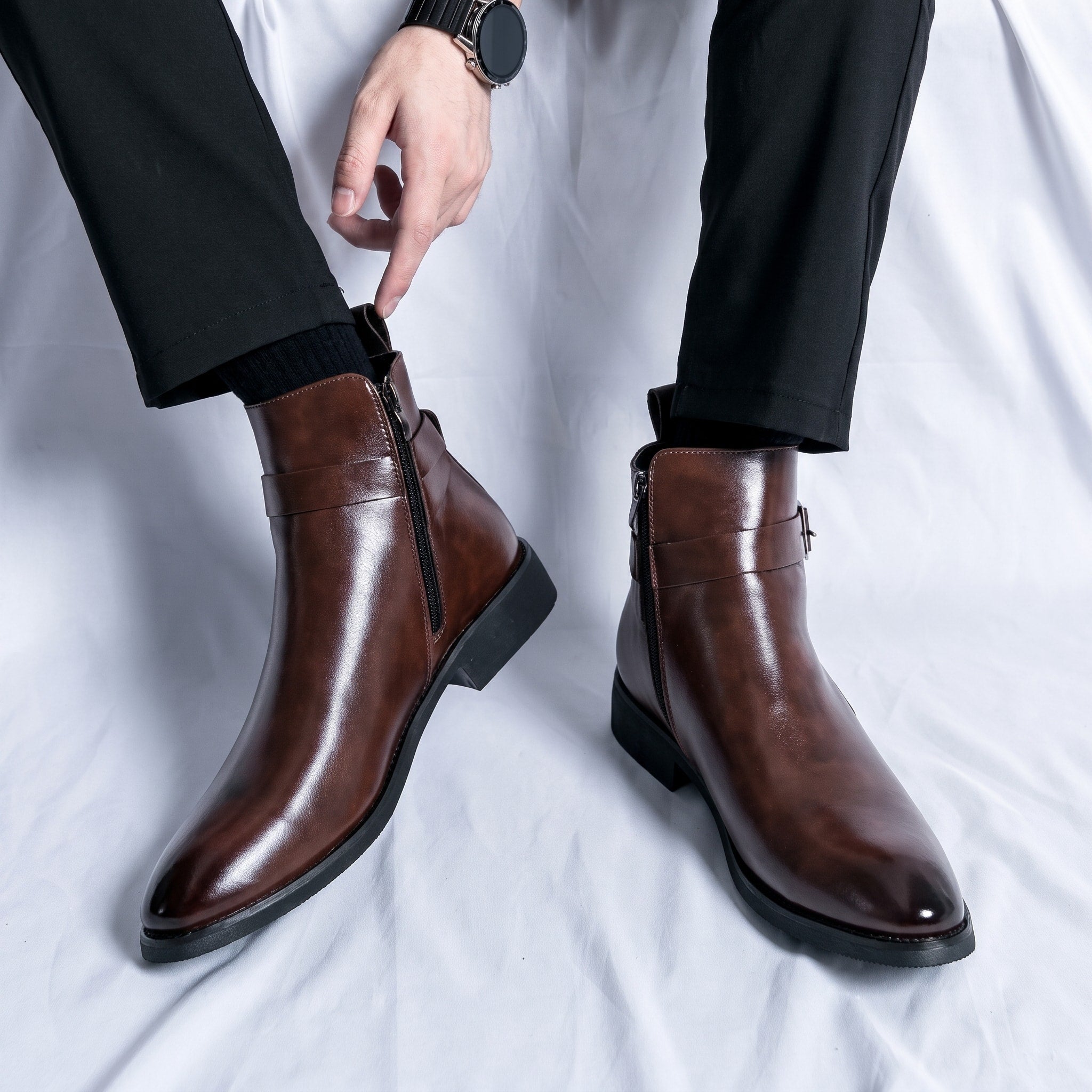 Oliver - Men's Pointed Toe Ankle Boots with Buckle Strap - Brown - Davies & Cooper