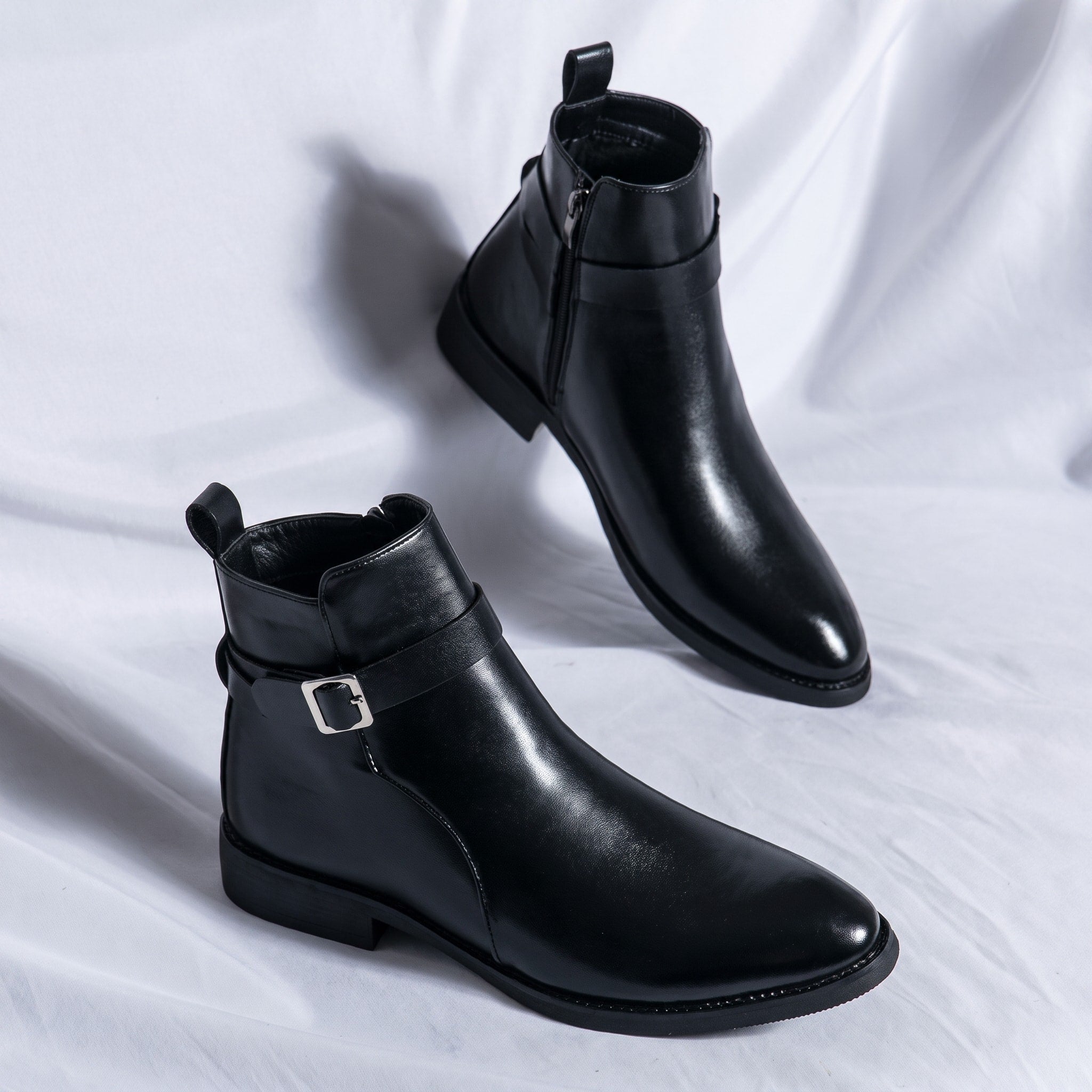 Oliver - Men's Pointed Toe Ankle Boots with Buckle Strap - Black - Davies & Cooper