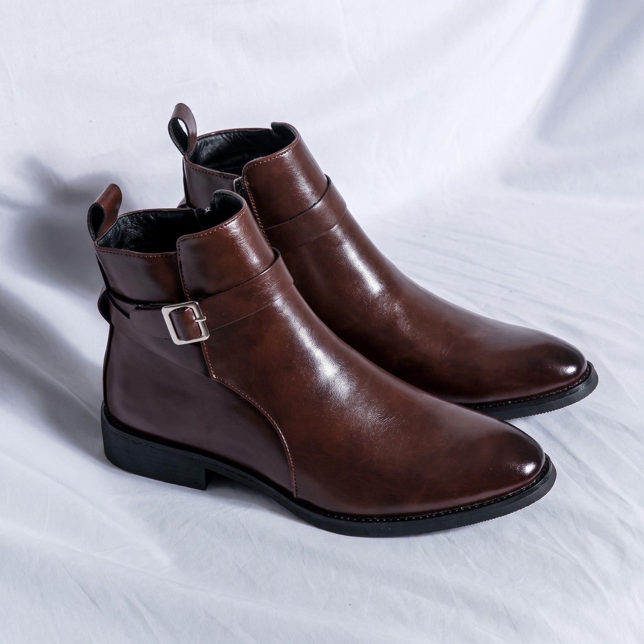 Oliver - Men's Pointed Toe Ankle Boots with Buckle Strap - Brown - Davies & Cooper